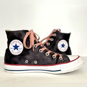 EUC Black SATIN Converse All Stars Chuck Taylor High Tops Pink laces sz 7